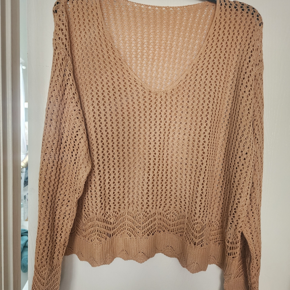 Women's Tan V neck Open Knit Sweater With Scalloped Hemline